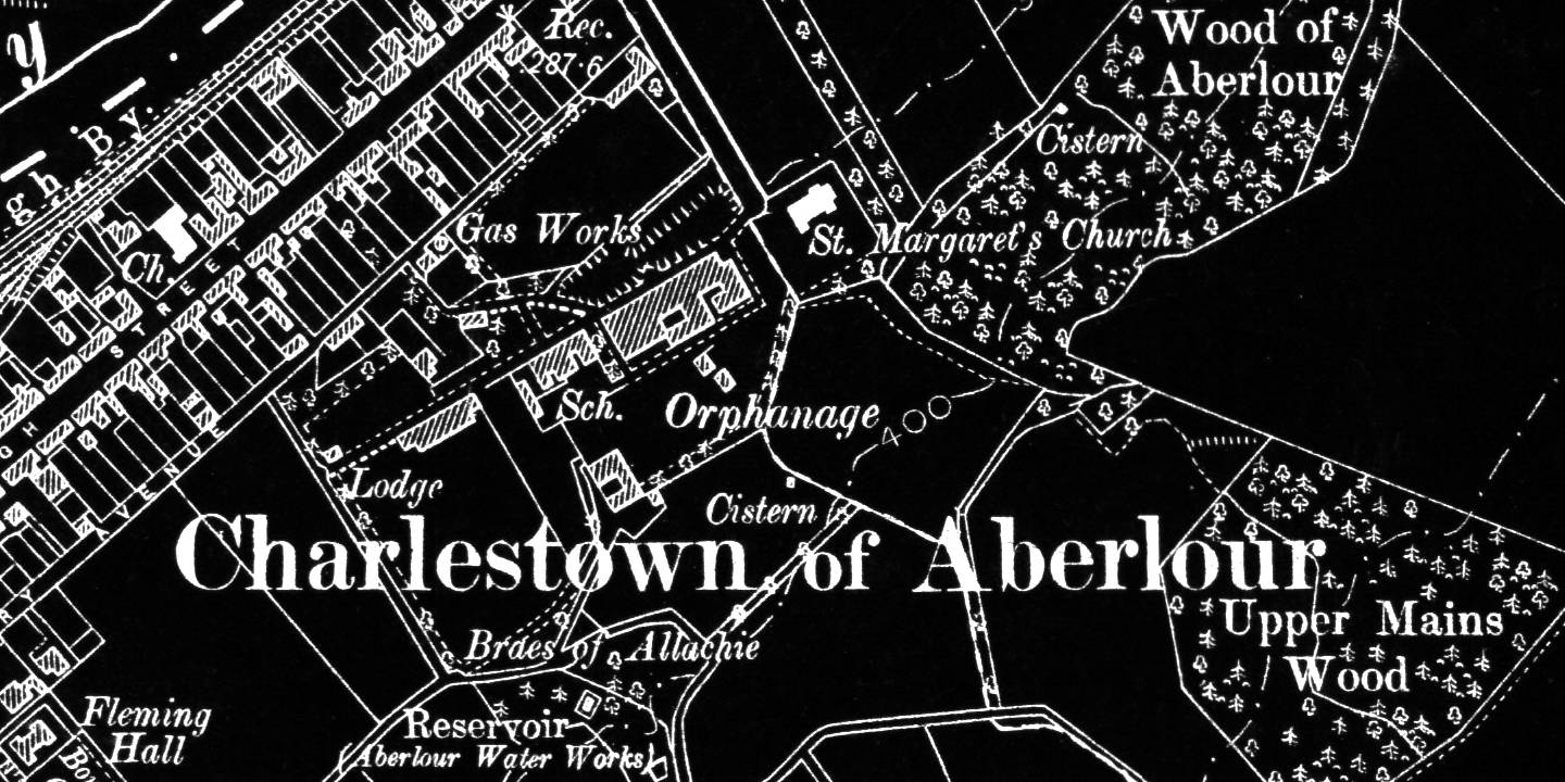 An antique map showing the location of the “Gas Works” within Aberlour.