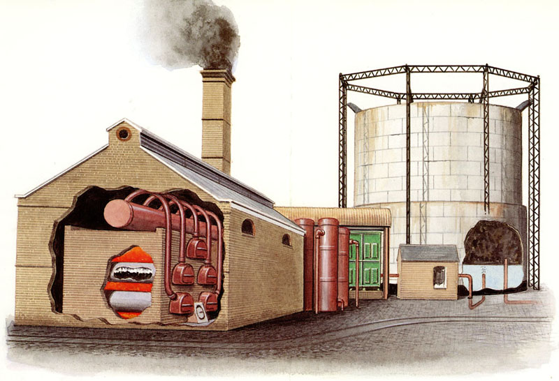 A partial cutaway illustration of a gas works.
